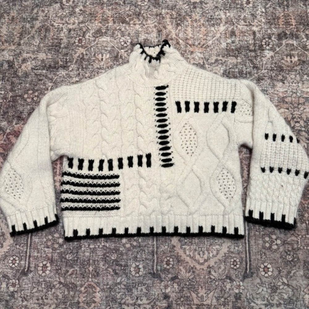 Zara Chunky Cable Knit Sweater | Black & Ivory Graphic | Mock Neck | Oversized S - Picture 2 of 6